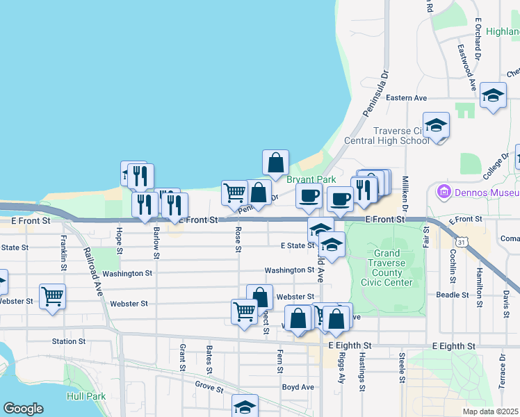 map of restaurants, bars, coffee shops, grocery stores, and more near 924 Peninsula Drive in Traverse City