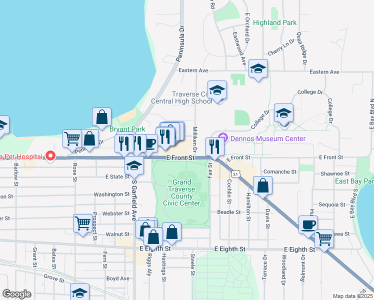 map of restaurants, bars, coffee shops, grocery stores, and more near 1227 East Front Street in Traverse City