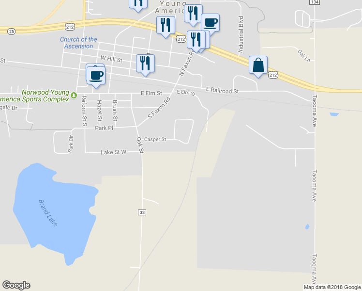 map of restaurants, bars, coffee shops, grocery stores, and more near 319 Casper Circle in Norwood Young America