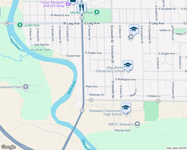 map of restaurants, bars, coffee shops, grocery stores, and more near 152 Jesse Court in Shawano