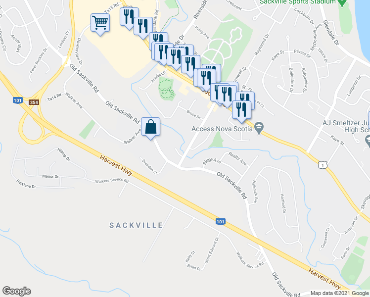 map of restaurants, bars, coffee shops, grocery stores, and more near 85 Sackville Cross Road in Lower Sackville