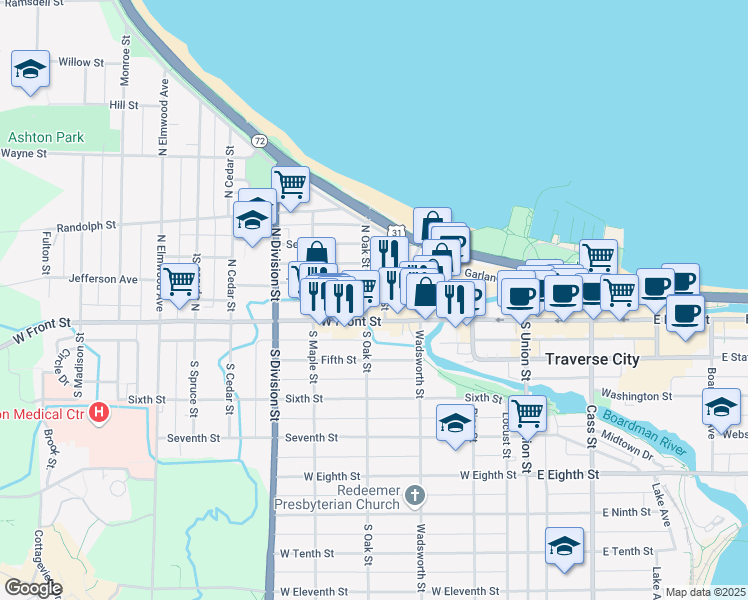 map of restaurants, bars, coffee shops, grocery stores, and more near 116 North Oak Street in Traverse City