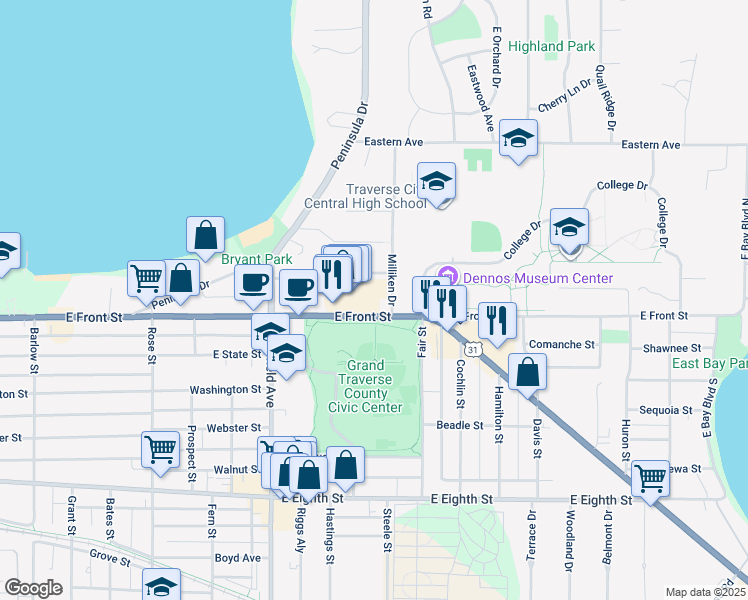map of restaurants, bars, coffee shops, grocery stores, and more near 1227 East Front Street in Traverse City