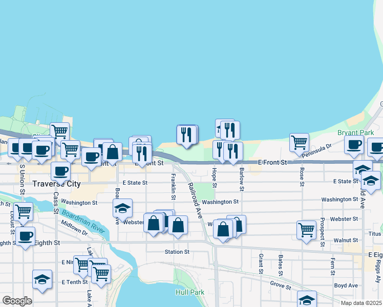 map of restaurants, bars, coffee shops, grocery stores, and more near 615 Michigan 72 in Traverse City