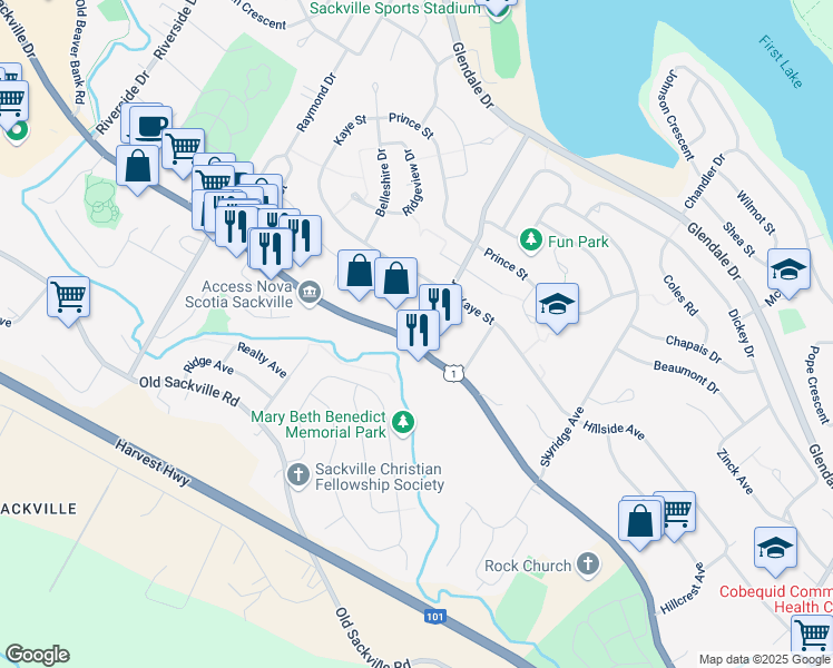 map of restaurants, bars, coffee shops, grocery stores, and more near 1 Pinehill Drive in Lower Sackville