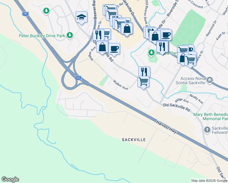 map of restaurants, bars, coffee shops, grocery stores, and more near 119 Walker Avenue in Lower Sackville