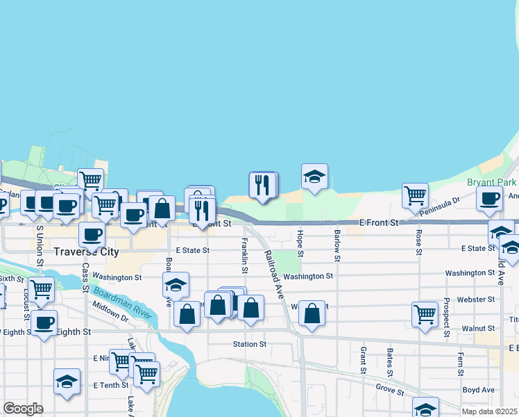 map of restaurants, bars, coffee shops, grocery stores, and more near 615 East Front Street in Traverse City
