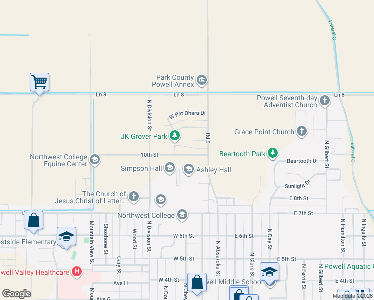 map of restaurants, bars, coffee shops, grocery stores, and more near 10th Street in Powell