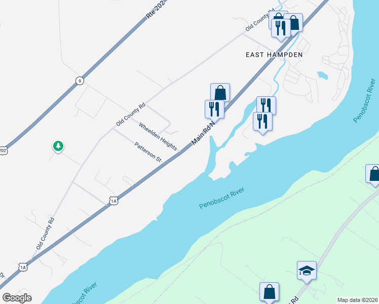 map of restaurants, bars, coffee shops, grocery stores, and more near 544 Main Road North in Hampden