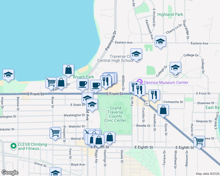 map of restaurants, bars, coffee shops, grocery stores, and more near 1201-1299 E Front St in Traverse City