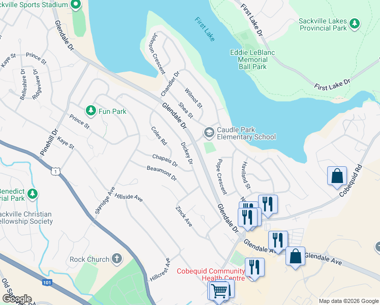map of restaurants, bars, coffee shops, grocery stores, and more near 132 Dickey Drive in Lower Sackville