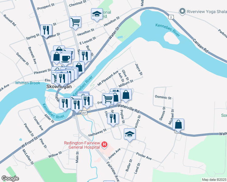 map of restaurants, bars, coffee shops, grocery stores, and more near 3 Milburn Street in Skowhegan