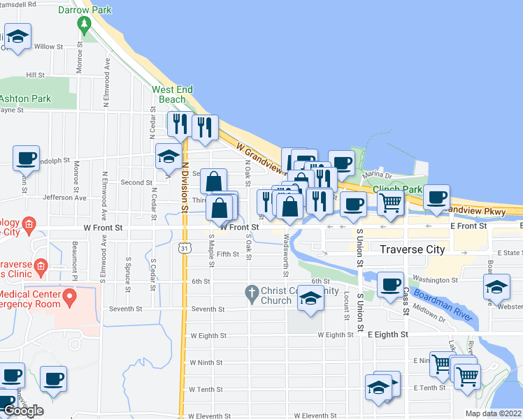 map of restaurants, bars, coffee shops, grocery stores, and more near 116 North Oak Street in Traverse City