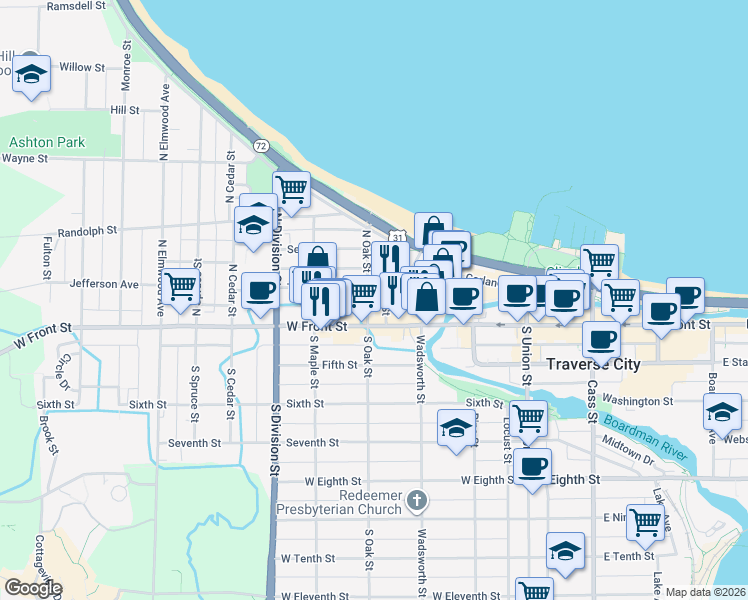map of restaurants, bars, coffee shops, grocery stores, and more near 118 North Oak Street in Traverse City