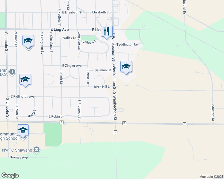map of restaurants, bars, coffee shops, grocery stores, and more near 1490 Birch Hill Lane in Shawano