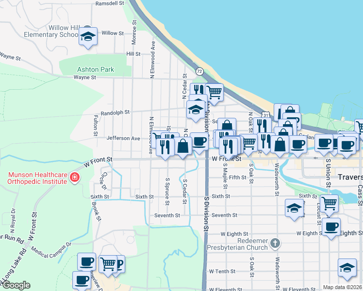 map of restaurants, bars, coffee shops, grocery stores, and more near 117 North Cedar Street in Traverse City