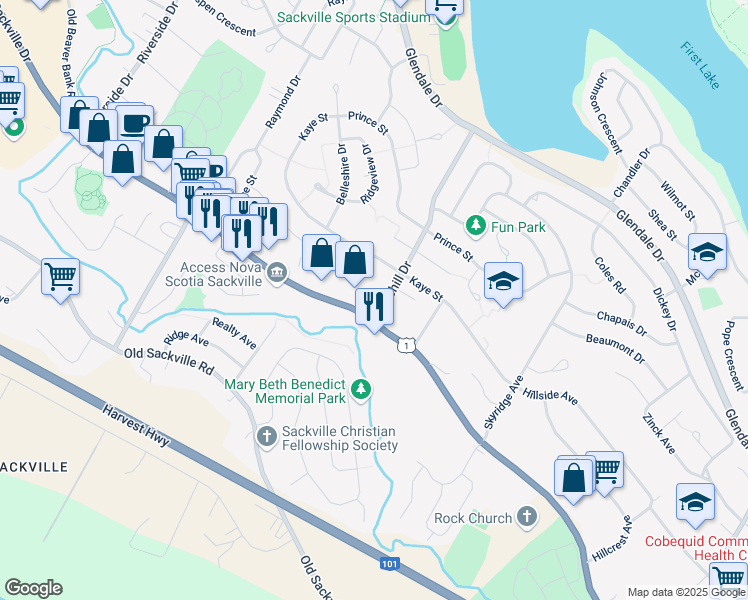 map of restaurants, bars, coffee shops, grocery stores, and more near 1 Pinehill Drive in Lower Sackville