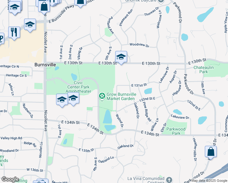 map of restaurants, bars, coffee shops, grocery stores, and more near 13116 Walnut Drive in Burnsville