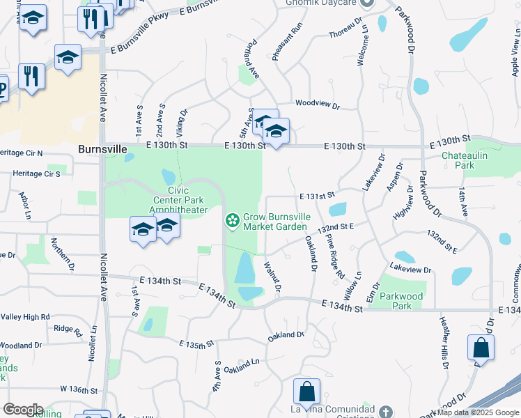 map of restaurants, bars, coffee shops, grocery stores, and more near 13116 Walnut Drive in Burnsville