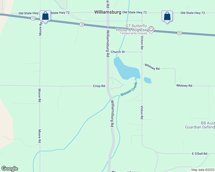 map of restaurants, bars, coffee shops, grocery stores, and more near 8599 Crisp Road in Williamsburg