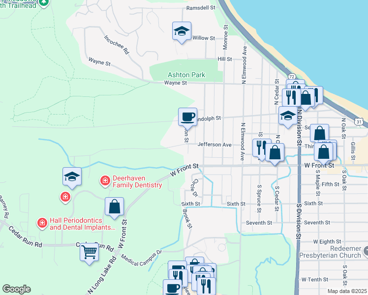 map of restaurants, bars, coffee shops, grocery stores, and more near 199 Hillcrest Ct in Traverse City