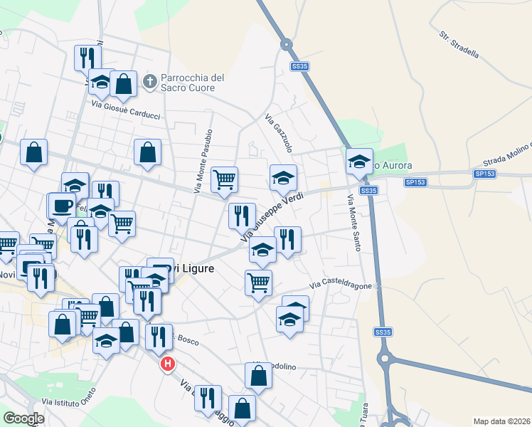 map of restaurants, bars, coffee shops, grocery stores, and more near 4 Via Fiume in Novi Ligure