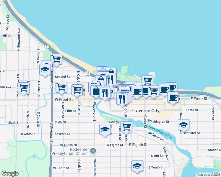 map of restaurants, bars, coffee shops, grocery stores, and more near 290 West Front Street in Traverse City