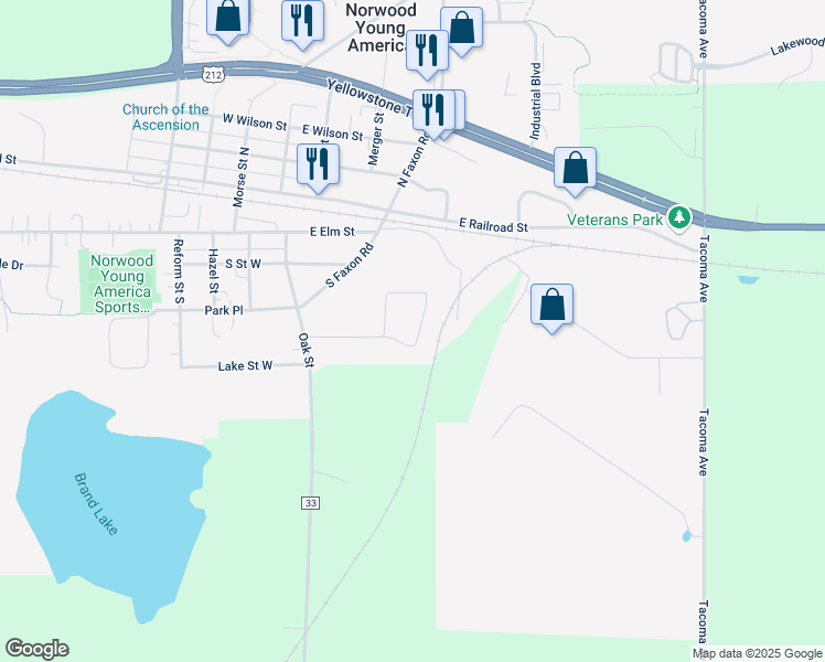 map of restaurants, bars, coffee shops, grocery stores, and more near 319 Casper Circle in Norwood Young America