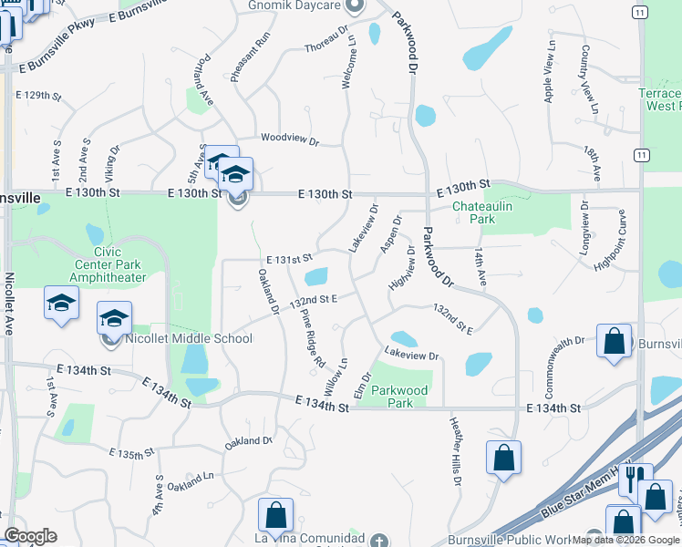 map of restaurants, bars, coffee shops, grocery stores, and more near 712 132nd Street East in Burnsville