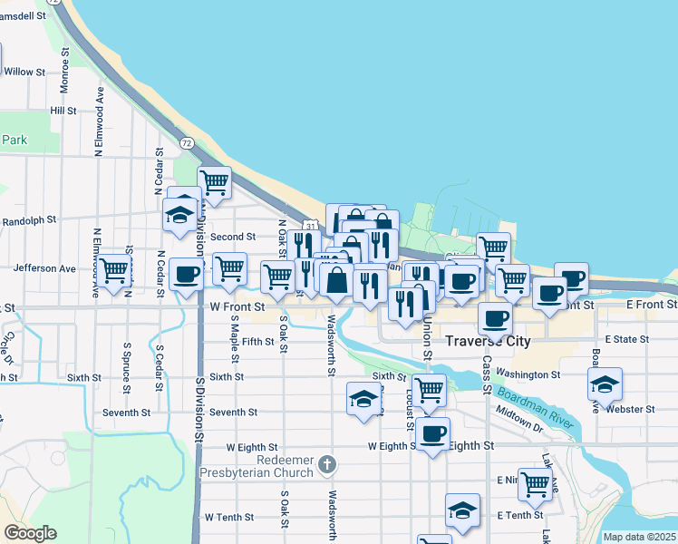 map of restaurants, bars, coffee shops, grocery stores, and more near 115 Hall Street in Traverse City