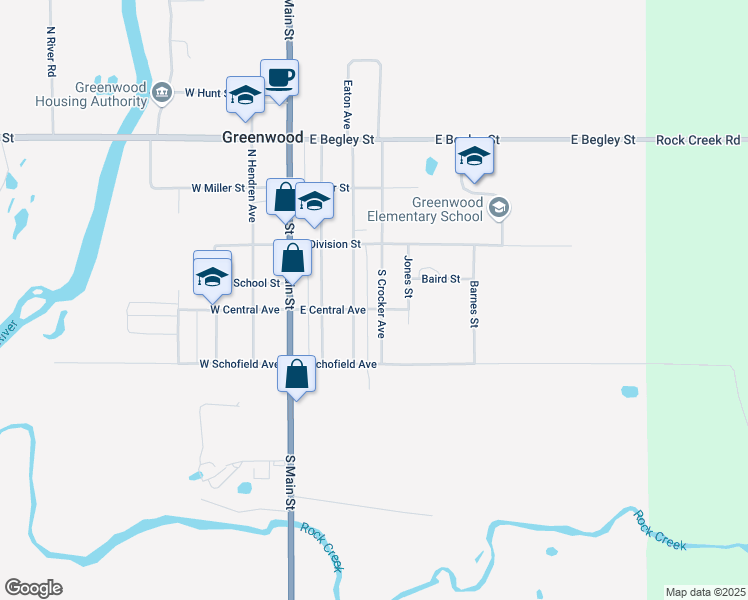 map of restaurants, bars, coffee shops, grocery stores, and more near 306 South Crocker Avenue in Greenwood