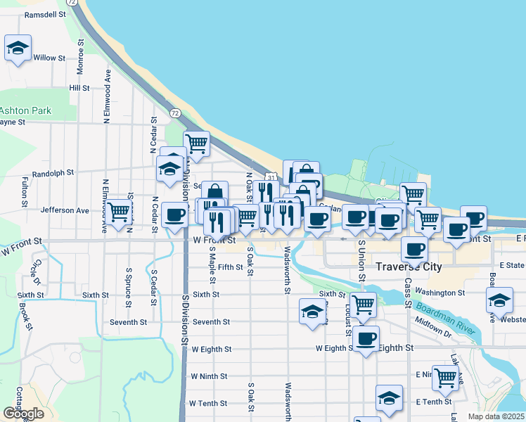 map of restaurants, bars, coffee shops, grocery stores, and more near 441 Second Street in Traverse City
