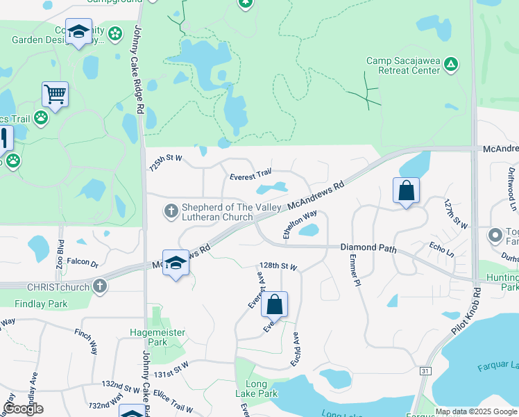map of restaurants, bars, coffee shops, grocery stores, and more near 5649 126th Street West in Apple Valley
