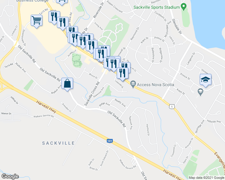 map of restaurants, bars, coffee shops, grocery stores, and more near 79 Seawood Avenue in Lower Sackville