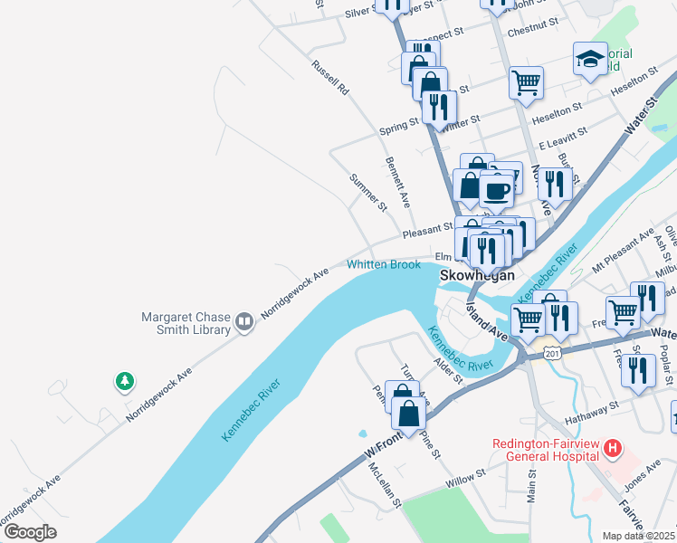 map of restaurants, bars, coffee shops, grocery stores, and more near 40 Elm Street in Skowhegan
