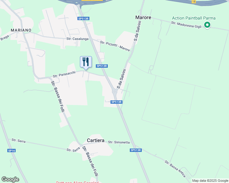 map of restaurants, bars, coffee shops, grocery stores, and more near 50 Strada Salvini in Parma