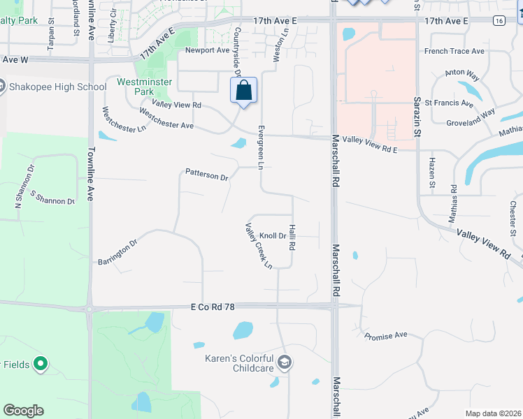 map of restaurants, bars, coffee shops, grocery stores, and more near 2070 Valley Creek Lane in Shakopee