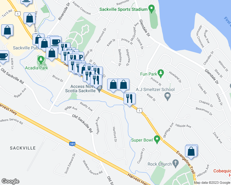 map of restaurants, bars, coffee shops, grocery stores, and more near 457 Sackville Drive in Lower Sackville