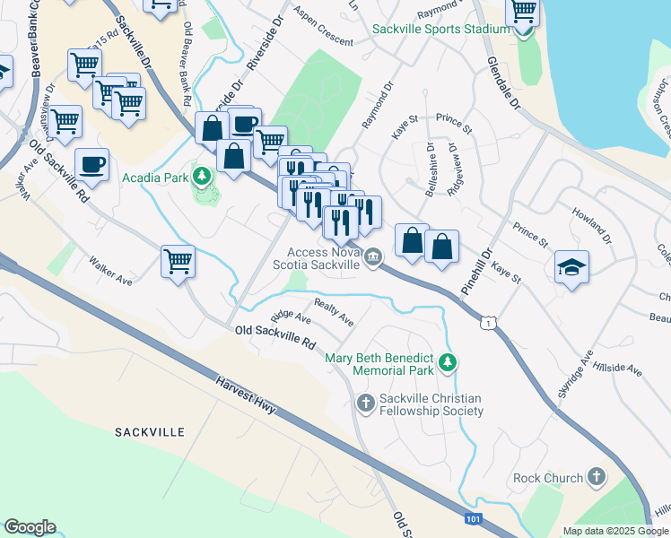 map of restaurants, bars, coffee shops, grocery stores, and more near 6 Leaside Drive in Lower Sackville