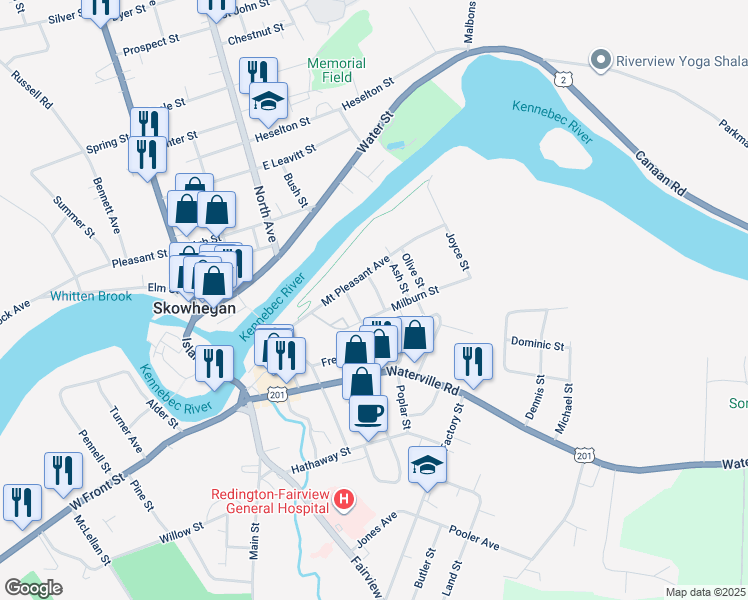 map of restaurants, bars, coffee shops, grocery stores, and more near 64 Mount Pleasant Avenue in Skowhegan