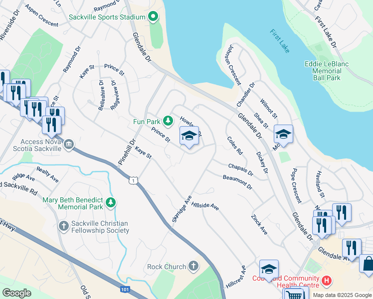 map of restaurants, bars, coffee shops, grocery stores, and more near 49 Prince Street in Lower Sackville