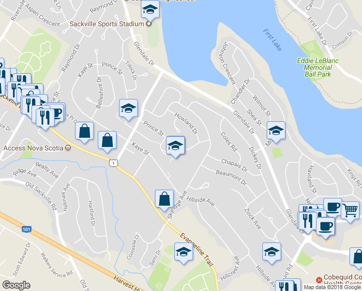 map of restaurants, bars, coffee shops, grocery stores, and more near 49 Prince Street in Lower Sackville
