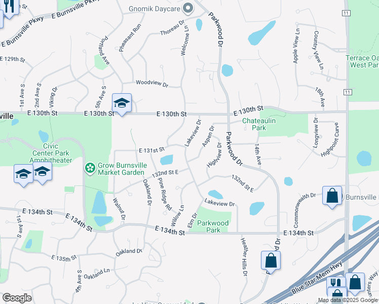 map of restaurants, bars, coffee shops, grocery stores, and more near 13029 Lakeview Drive in Burnsville