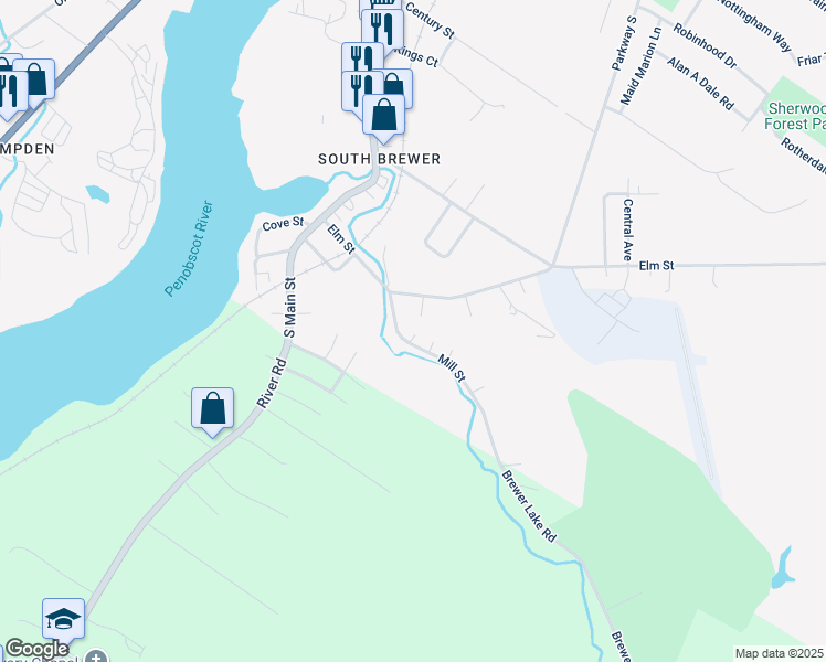 map of restaurants, bars, coffee shops, grocery stores, and more near 75 Elm Street in Brewer