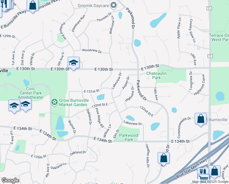 map of restaurants, bars, coffee shops, grocery stores, and more near 13029 Lakeview Drive in Burnsville