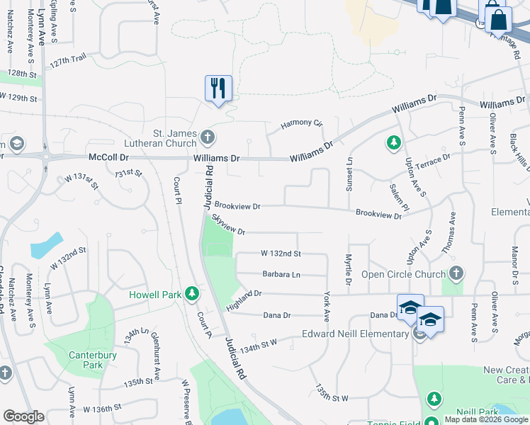 map of restaurants, bars, coffee shops, grocery stores, and more near 3316 Brookview Drive in Burnsville