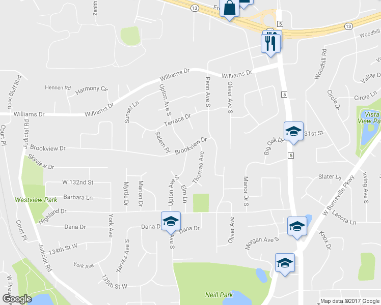 map of restaurants, bars, coffee shops, grocery stores, and more near 2509 Brookview Drive in Burnsville