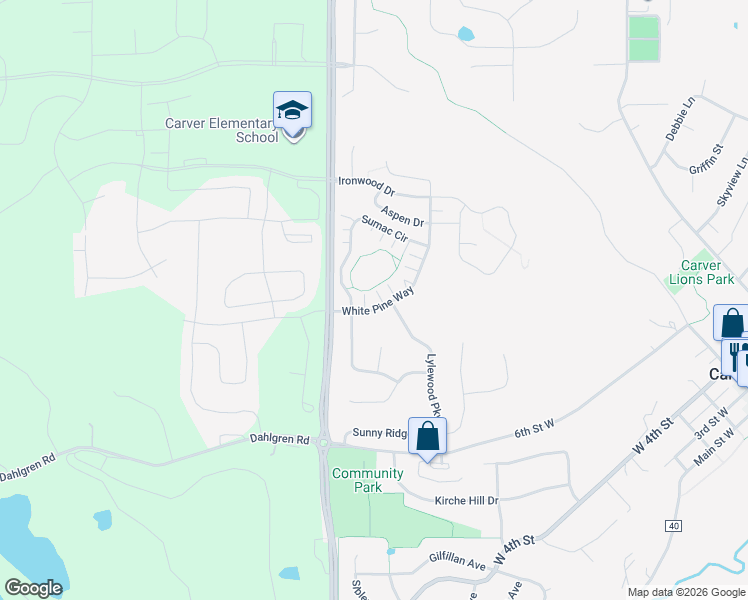 map of restaurants, bars, coffee shops, grocery stores, and more near 1654 White Pine Way in Carver