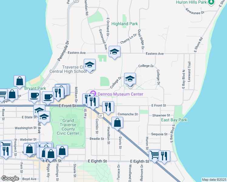 map of restaurants, bars, coffee shops, grocery stores, and more near College Drive in Traverse City