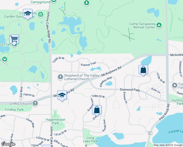 map of restaurants, bars, coffee shops, grocery stores, and more near 5649 126th Street West in Apple Valley